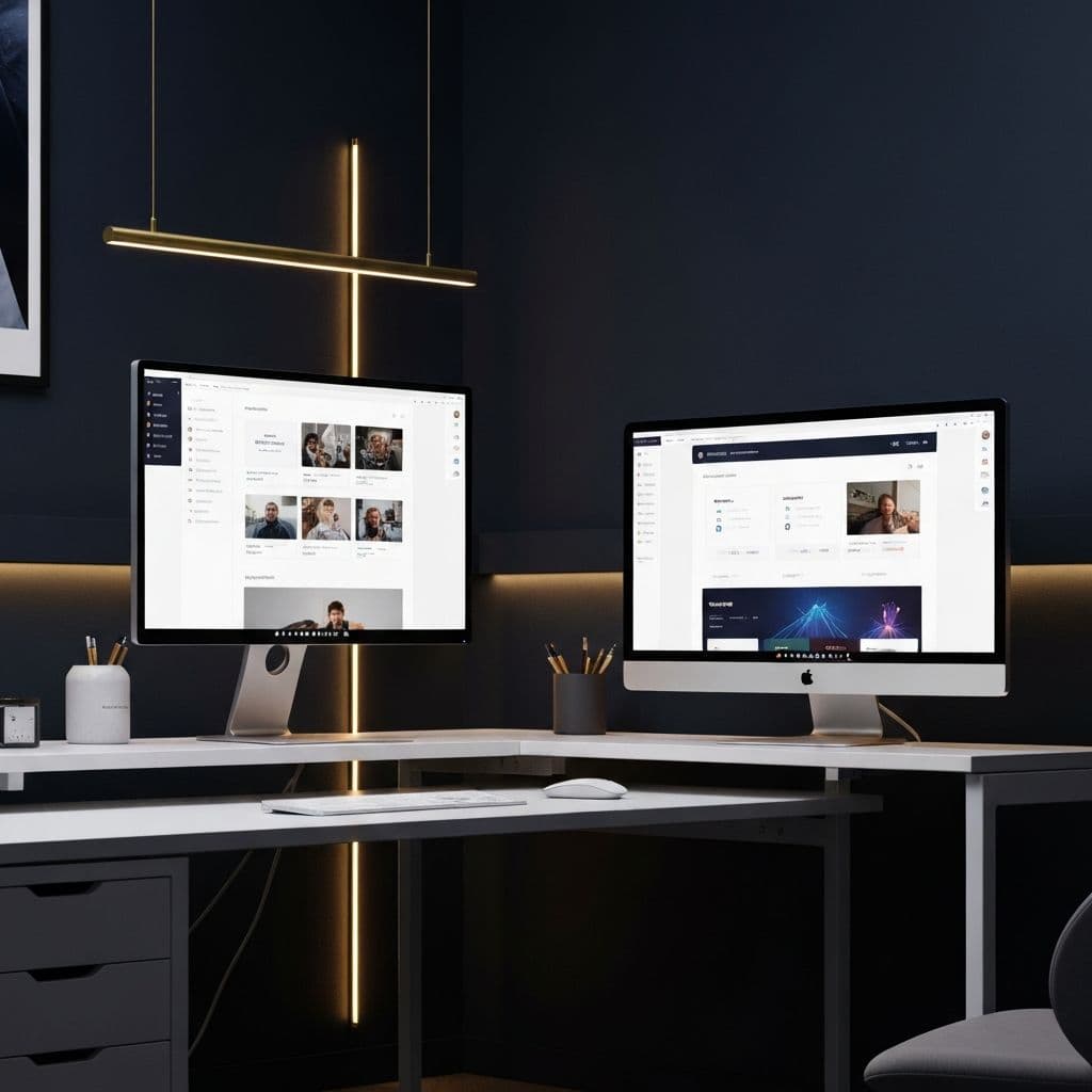 From Inception workspace with dual monitors showing CRM and automation systems